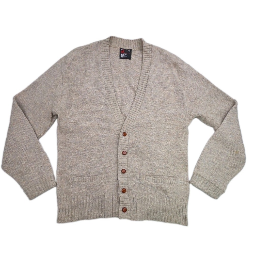 Vintage 70s Wool Blend Cardigan Sweater Beige Oatmeal Buttons Pockets Men M